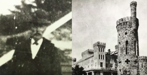 A vintage black-and-white photo of a man in a suit and a historic stone castle with a tower.