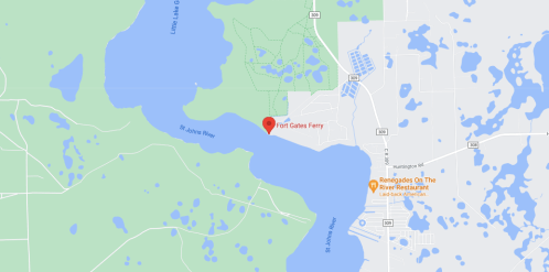 Map showing Fort Gates Ferry location near St. Johns River, surrounded by green areas and nearby roads.