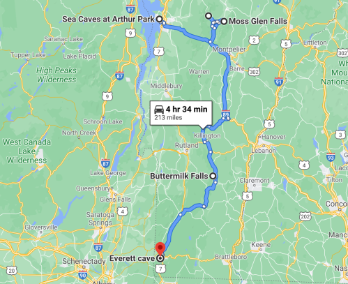 Map showing a route from Everett Cave to Moss Glen Falls, including stops at Buttermilk Falls and Sea Caves at Arthur Park.