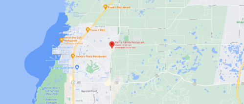 Map showing the location of Rains Family Restaurant, near other dining options and landmarks in the area.