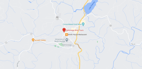Map of Dahlonega, Georgia, highlighting Dahlonega Wine Tours and Smith House Restaurant, with nearby landmarks.