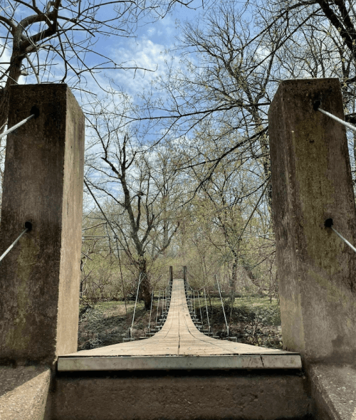 A narrow suspension bridge stretches into a wooded area, framed by concrete supports and bare trees under a blue sky.
