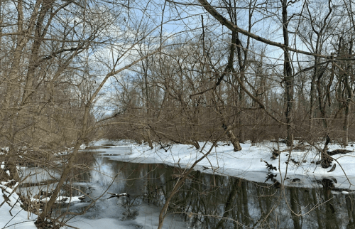 A serene winter scene of a river surrounded by bare trees and patches of snow under a cloudy sky.