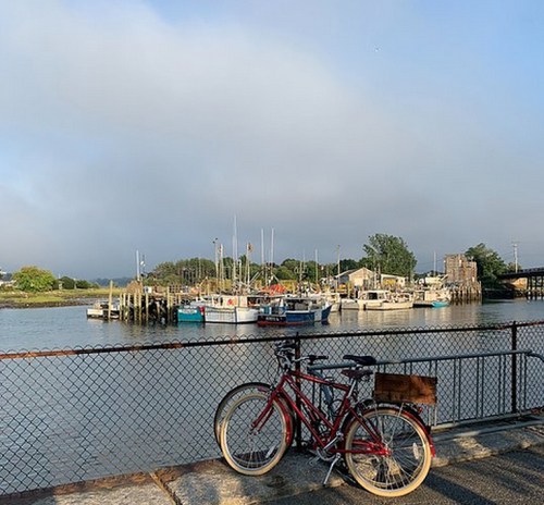 A red bicycle parked by a fence overlooking a calm harbor with boats and a foggy sky in the background.