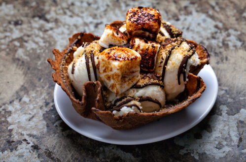 A dessert bowl made of chocolate, filled with ice cream and topped with toasted marshmallows and chocolate drizzle.