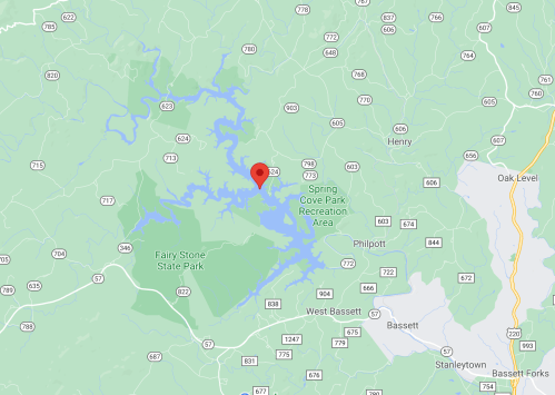 Map showing a location marked with a red pin near Spring Cove Park and Fairy Stone State Park in Virginia.