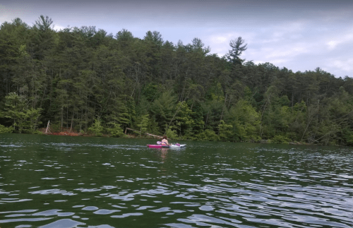 A person kayaking on a calm lake surrounded by lush green trees under a cloudy sky.