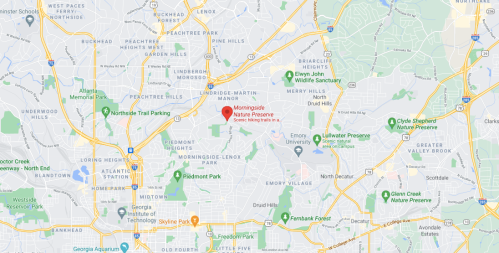 Map showing Morningside Nature Preserve and surrounding parks in Atlanta, Georgia, with major roads and landmarks.
