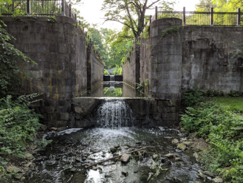 A small waterfall flows between stone walls, surrounded by lush greenery and trees in a serene outdoor setting.