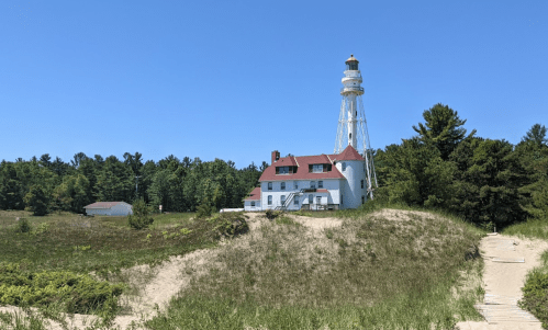 A white lighthouse with a red roof stands on a sandy hill, surrounded by green trees and clear blue skies.