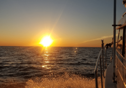 A sunset over the ocean, with golden rays reflecting on the water and a boat's railing in the foreground.