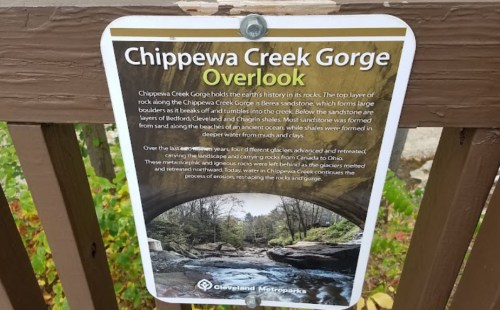 Sign at Chippewa Creek Gorge Overlook, detailing the geological history and landscape of the area.