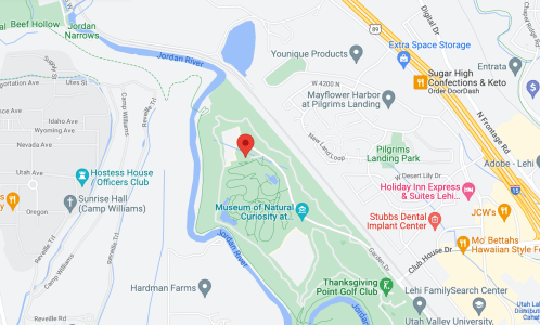 Map showing the location of the Museum of Natural Curiosity and Pilgrims Landing Park near the Jordan River.