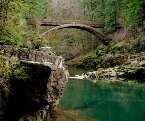 A serene river scene with a stone bridge arching over lush greenery and moss-covered rocks.
