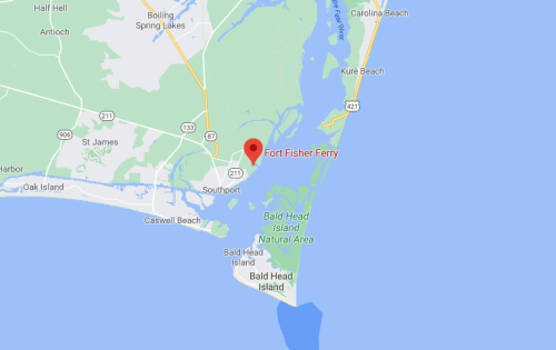 Map showing the location of Fort Fisher Ferry near Southport, North Carolina, with nearby beaches and islands.
