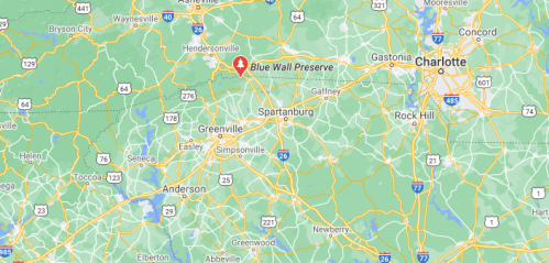 Map showing the location of Blue Wall Preserve near Spartanburg, South Carolina, with surrounding cities and highways.