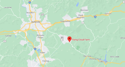 Map showing the location of Flying Cloud Farm near Asheville, North Carolina, with surrounding roads and landmarks.