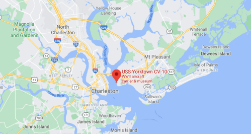 Map showing the location of USS Yorktown CV-10, a WWII aircraft carrier and museum in Charleston, South Carolina.