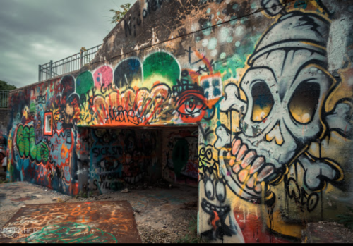 A vibrant graffiti-covered wall featuring a large skull and colorful designs in an urban setting.