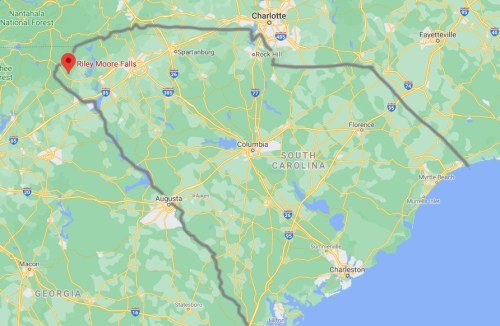 Map highlighting the route to Riley Moore Falls in South Carolina, showing nearby cities and highways.
