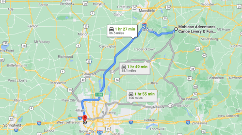 Map showing routes and travel times to Mohican Adventures Canoe Livery, with distances and estimated travel durations.