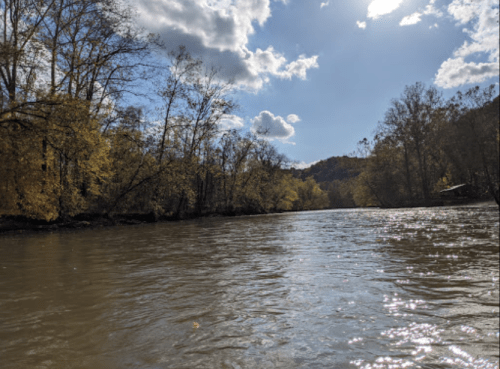 A serene river scene with trees and clouds under a bright sky, reflecting autumn colors.