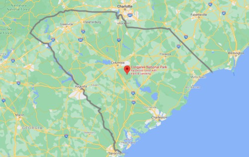 Map showing the southeastern U.S. with Congaree National Park highlighted near Columbia, South Carolina.