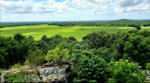A panoramic view of lush green fields and trees under a partly cloudy sky.