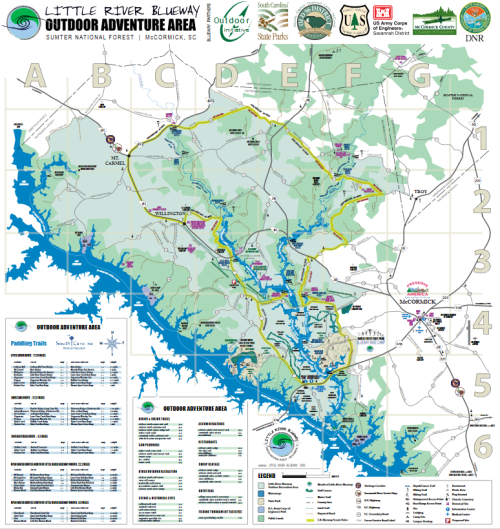 Map of Little River Blueway Outdoor Adventure Area in McCormick, SC, showing trails, waterways, and recreational sites.