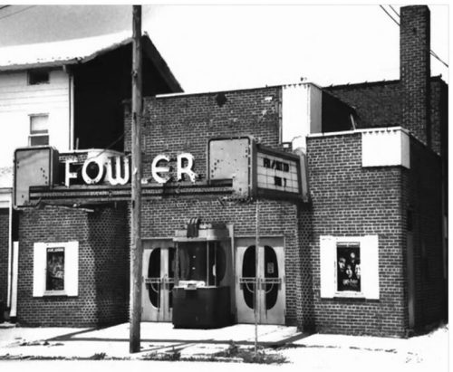 Black and white image of the historic Fowler Theater, featuring a brick facade and marquee.