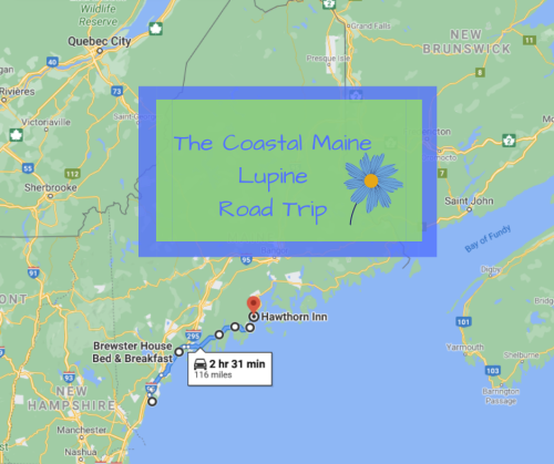 Map highlighting a coastal Maine road trip route to Hawthorn Inn, with travel time and distance noted.