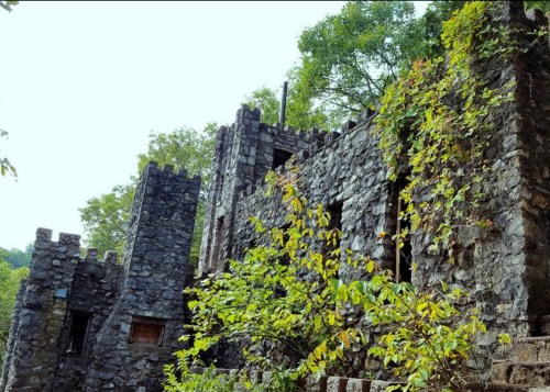 Ruins of a stone castle covered in greenery, surrounded by trees under a clear sky.