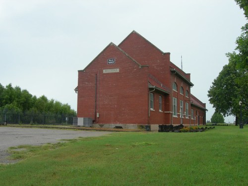 A red brick building with a sign reading "Warratha," surrounded by grass and trees under a cloudy sky.