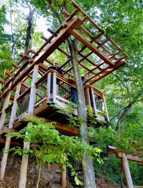 Two people stand on a wooden treehouse platform surrounded by lush green trees.