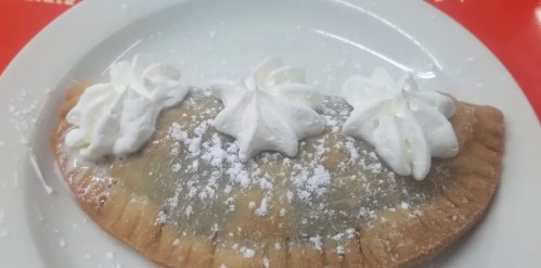 A golden-brown pastry topped with whipped cream and powdered sugar on a white plate.