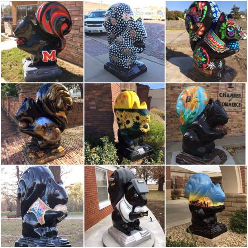A collage of creatively painted sculptures of lions and squirrels in various artistic styles and colors.