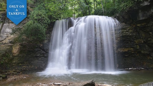 A serene waterfall cascading over rocky cliffs, surrounded by lush greenery and a tranquil pool below.
