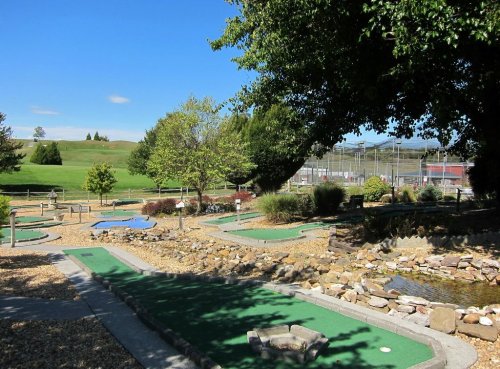 A scenic mini-golf course with green turf, water features, and trees under a clear blue sky.