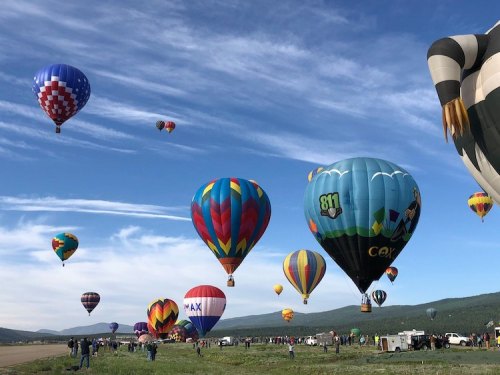 A colorful array of hot air balloons in the sky above a grassy field, with spectators watching below.