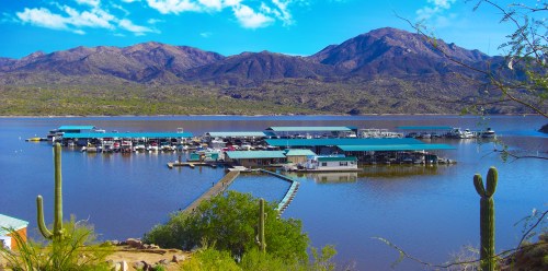 A scenic view of a marina on a lake, surrounded by mountains and desert vegetation under a clear blue sky.