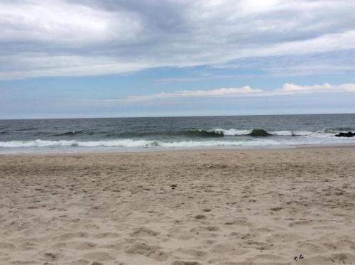 A serene beach scene with gentle waves lapping at the shore under a cloudy sky.