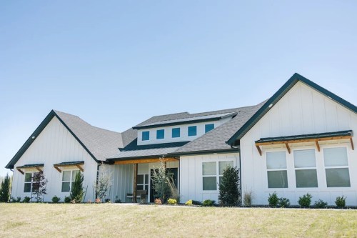 A modern white house with a dark roof, featuring a front porch and landscaped yard under a clear blue sky.