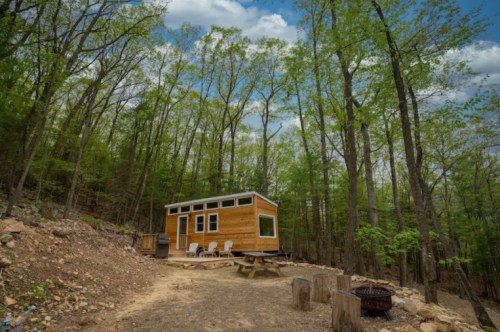 A cozy wooden cabin surrounded by lush green trees, with outdoor seating and a fire pit nearby.