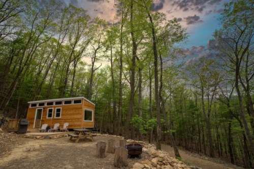 A cozy wooden cabin surrounded by lush green trees under a cloudy sky, with outdoor seating and a fire pit.
