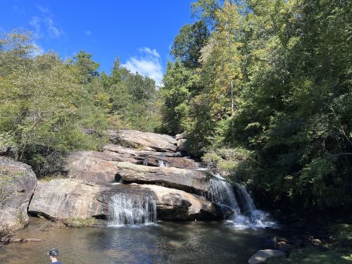 A serene waterfall cascades over rocky terrain, surrounded by lush green trees under a clear blue sky.
