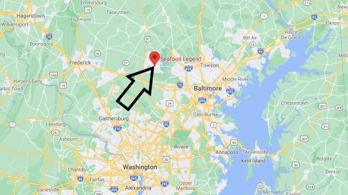 Map showing the location of Seafood Legend, near Washington, D.C., with an arrow pointing to its position.