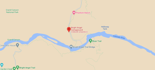 Map showing Bright Angel Campground near the Colorado River in Grand Canyon National Park, with nearby trails and landmarks.