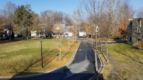 A quiet suburban street with houses, bare trees, and a grassy area under a clear blue sky.
