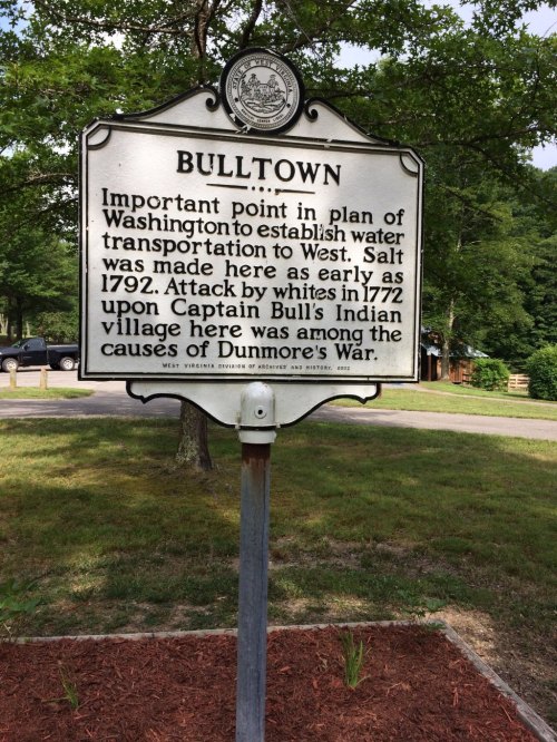 Sign marking Bulltown, highlighting its historical significance and events from 1792 and Dunmore's War.