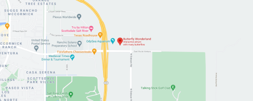 Map showing the location of Butterfly Wonderland, an interactive attraction featuring many butterflies.
